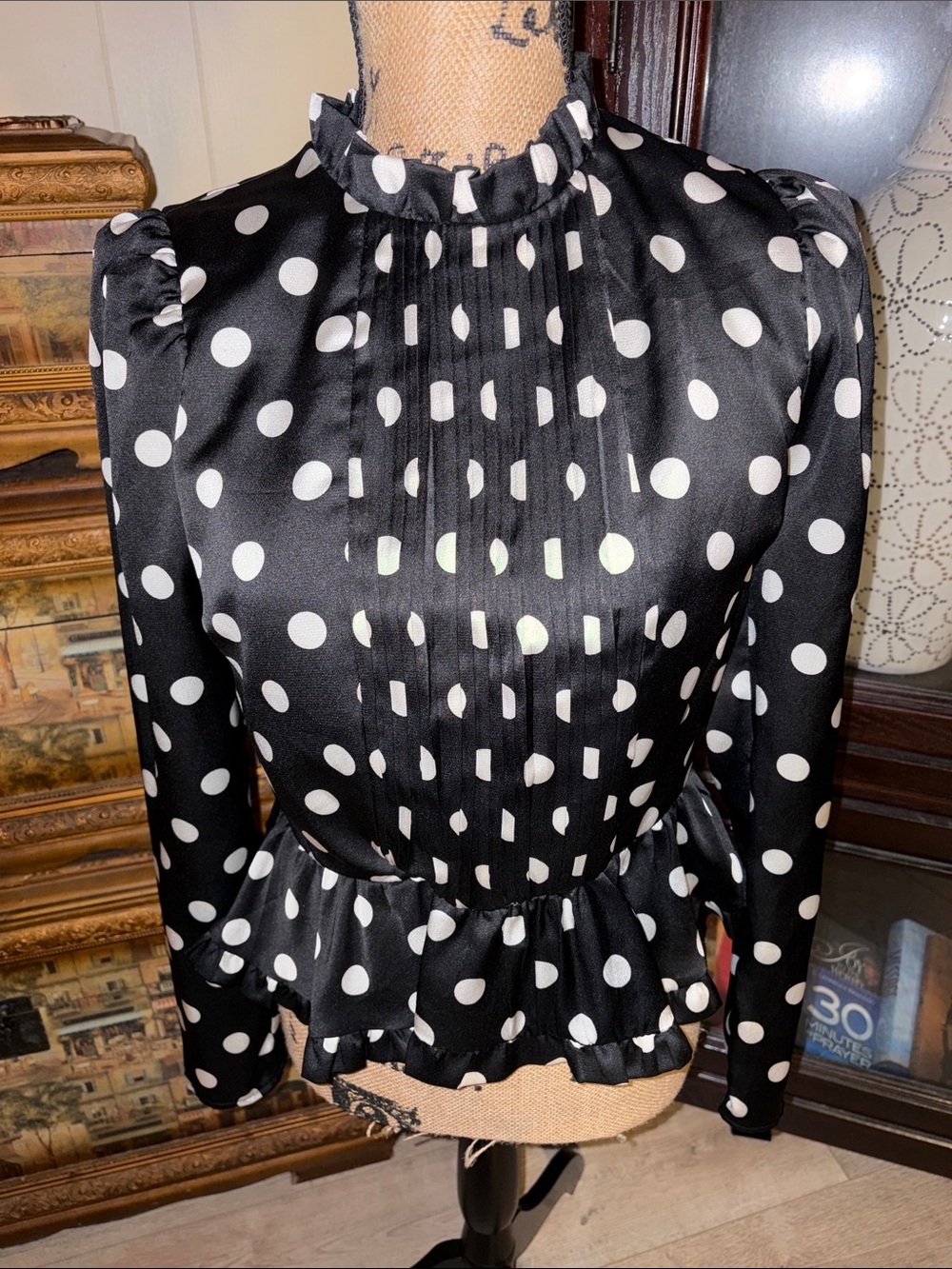 DO+BE Black and White Polka Dot Ruffle Peplum Blouse